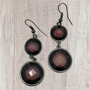 Vintage Elegant Double Drop Black and Silver Trim Clear Dark  Dangle Earrings